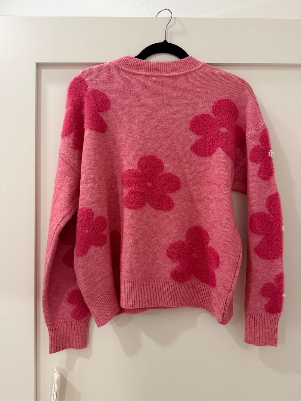 Nanette Lepore Hot Pink Floral Pearl-Embellished Crewneck Sweater - Picture 4 of 5